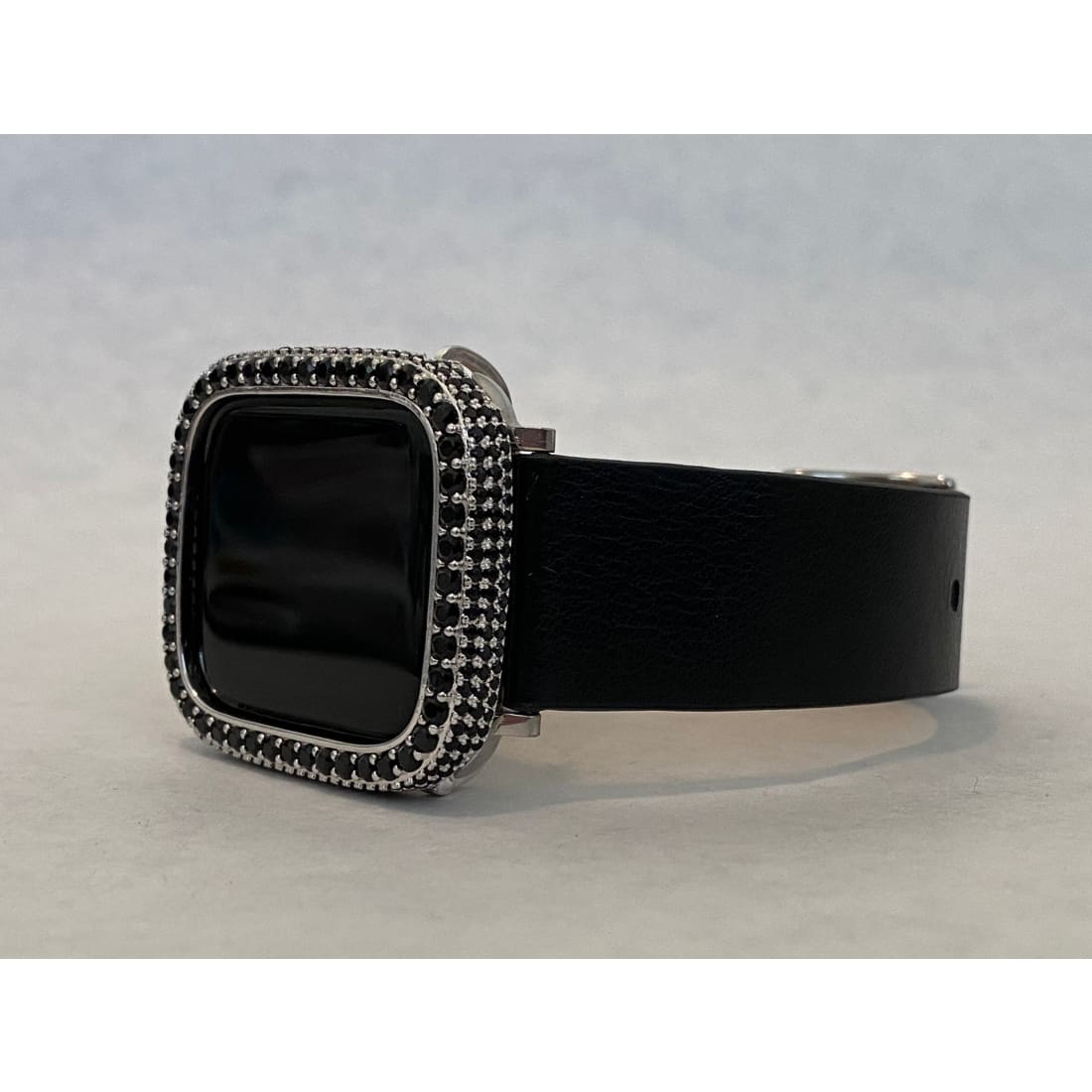 Apple Watch Band Leather Black and or Black & Silver 2.5mm Lab Diamond Bezel Cover Iwatch Case Bling Series 6 SE blb1