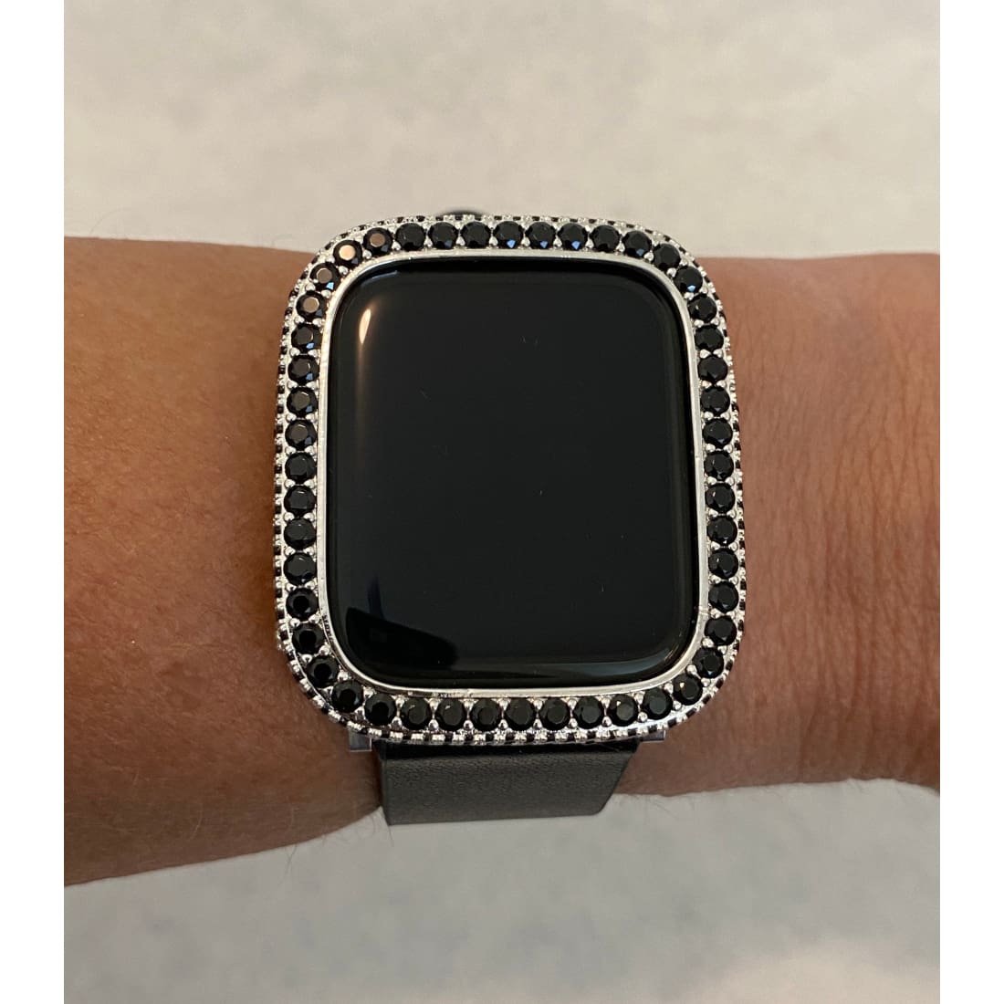 Apple Watch Band Leather Black and or Black & Silver 2.5mm Lab Diamond Bezel Cover Iwatch Case Bling Series 6 SE blb1