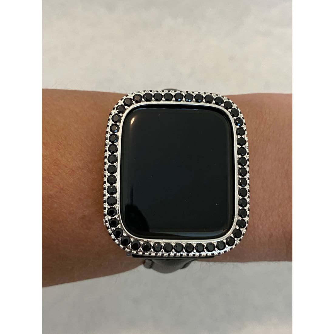 Apple Watch Bezel Cover Silver With Black Lab Diamonds, Metal Iwatch Band Bumper Case 2.5mm 6 Final Sale