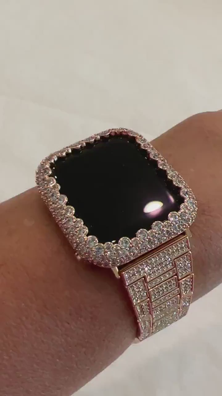 Apple Watch Band Rose Gold Swarovski Crystals & or Lab Diamond Bezel Cover Smartwatch Bumper Bling 38mm-45mm Series 1-8