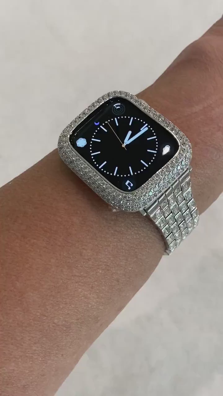 Silver Apple Watch Band Swarovski Crystal Baguettes 38mm 40mm 41mm 42mm 44mm 45mm & or Pave Lab Diamond Bezel Cover 41mm 45mm Series 7