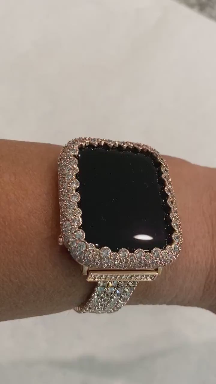 41mm 45mm Apple Watch Band Women Rose Gold Swarovski Crystals Series 1-8 SE & or Lab Diamond Bezel Iwatch Bling Smartwatch Bumper Bling