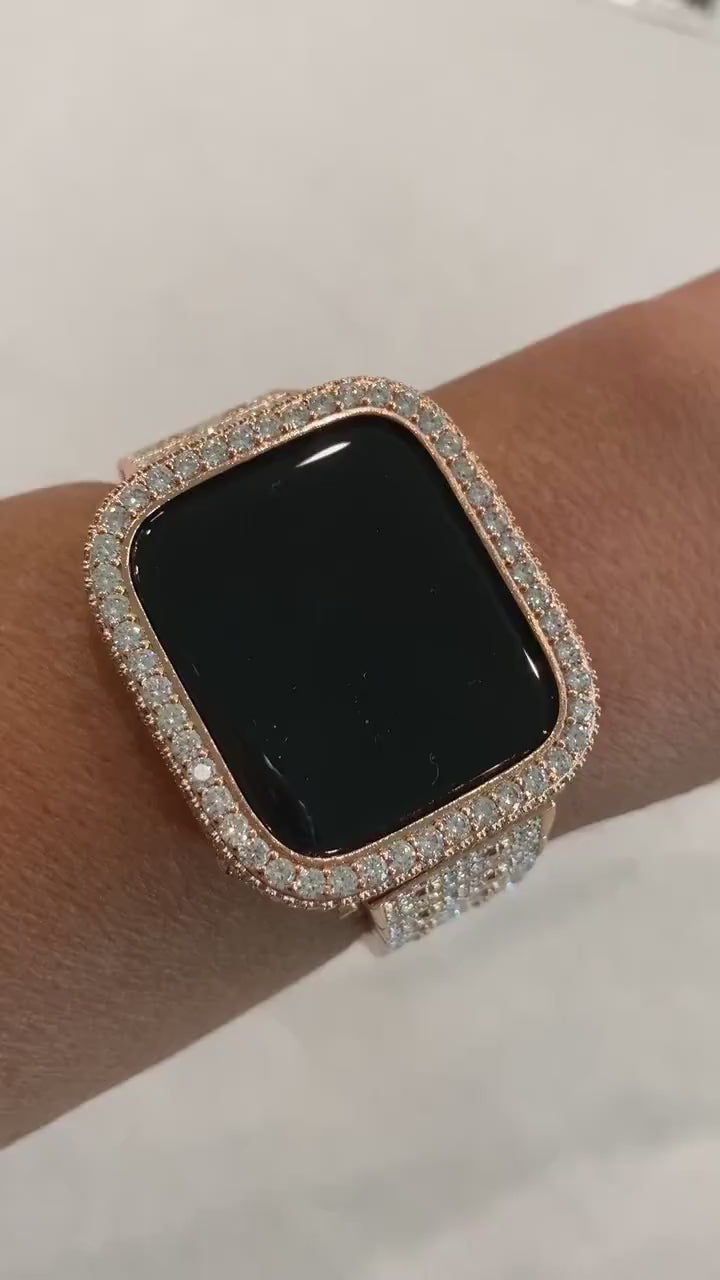 Series 1-8 Rose Gold Apple Watch Band Swarovski Crystal 41mm 45mm & or Lab Diamond Bezel Bumper Cover Bling 38mm-44mm