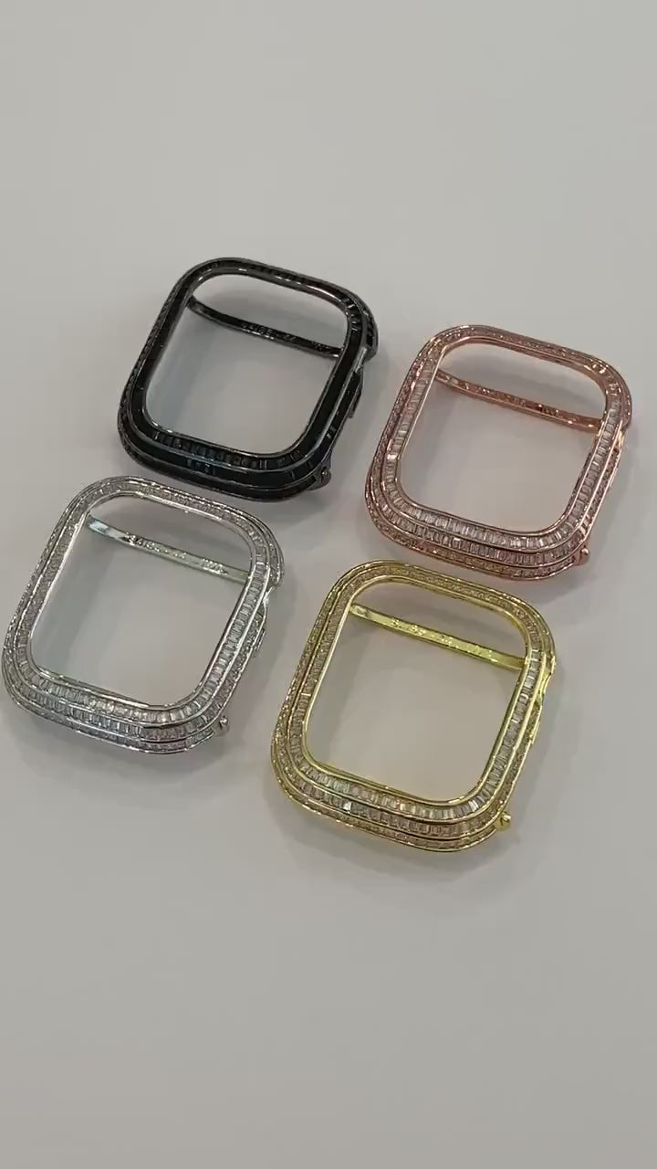 Apple Watch Bezel Cover 40mm 41mm 44mm 45mm 3 Rows of Lab Diamond Baguettes Silver, Rose Gold, Yellow Gold, Black, Smartwatch Bumper Case