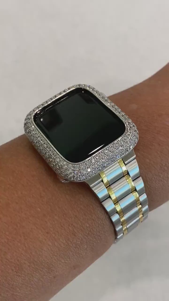 Two Tone Apple Watch Band 38mm 40mm 41mm 42mm 44mm 45mm Stainless Steel Ultra Thin & or Lab Diamond Bezel Cover Bling