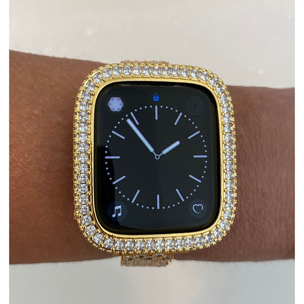 Custom Iced Out Apple Watch Bezel Cover Gold with 2.5mm Lab Diamonds 40mm 44mm Handmade