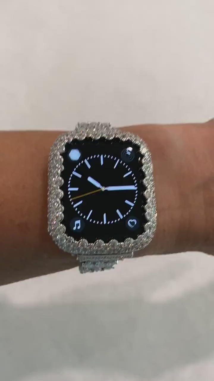 Series 7-8 White Gold Apple Watch Band 41mm Women Silver & or Lab Diamond Apple Watch Bezel Cover 38mm 40mm 42mm 44mm 45mm