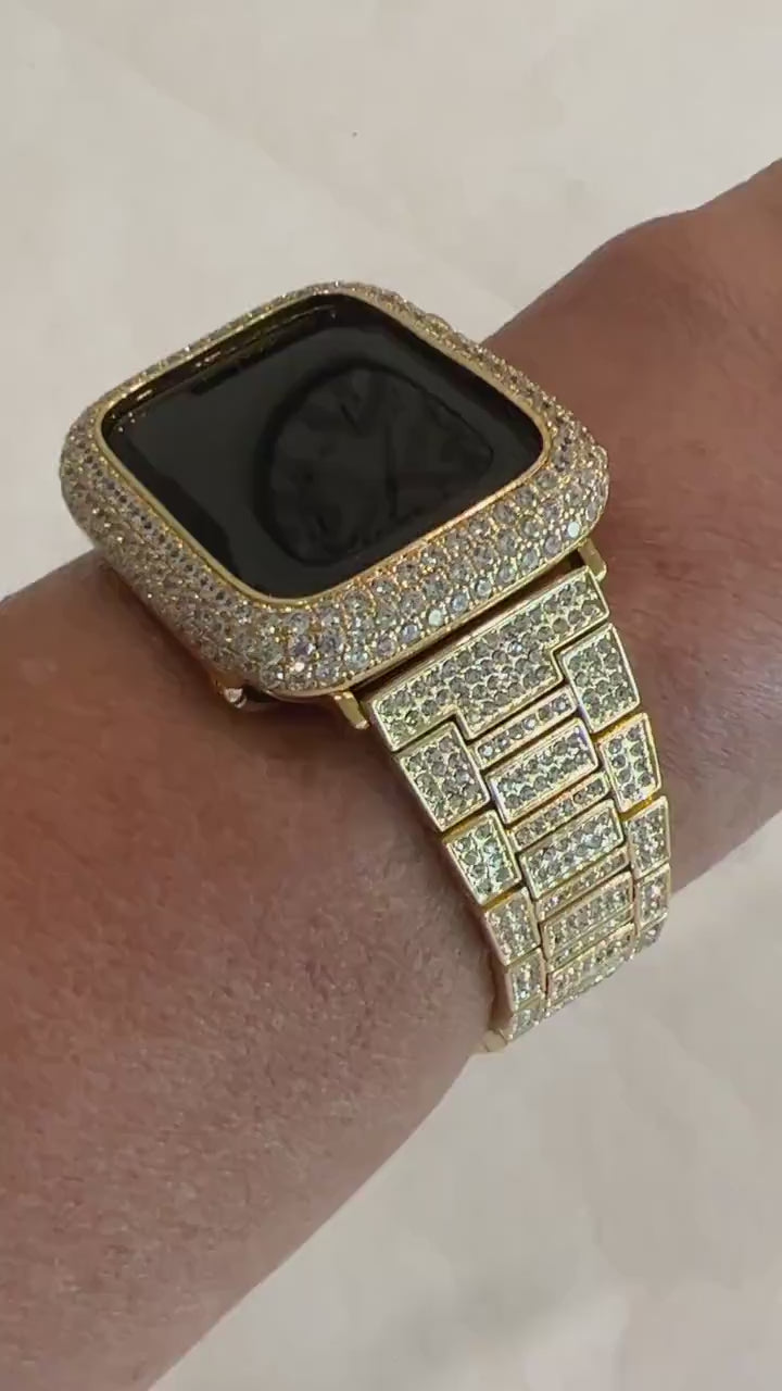 Series 1-8 Pave Apple Watch Band 38 40 41 42 44 45mm Gold & or Lab Diamond Bezel Cover Smartwatch Case Bling