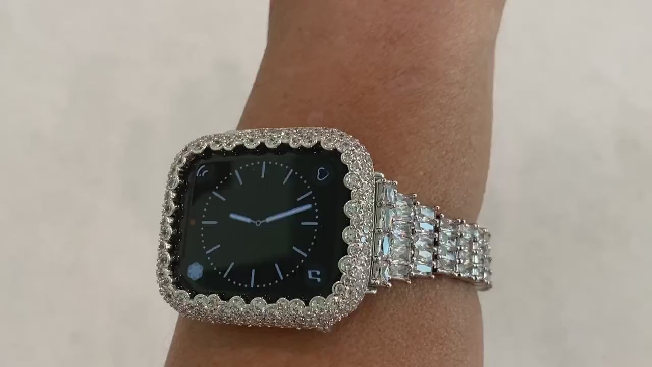 Apple Watch Band Swarovski Crystal Baguettes  & or White Gold Lab Diamond Bezel Cover 38mm 40mm 42mm 44mm for Smartwatch