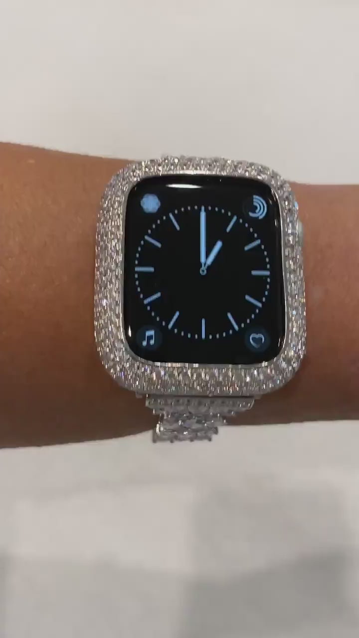 White Gold Apple Watch Band 41mm Bling & or Silver Lab Diamond Bezel Cover 38 40 42 44 45mm Series 1-8 SE