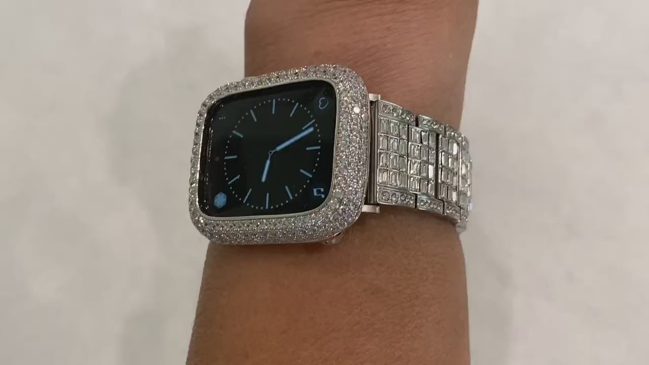 Custom Apple Watch Band Silver Bling And or Bezel Lab Diamond Series 1,2,3,4,5,6,7 SE Custom Deluxe Iwatch Series 7,8