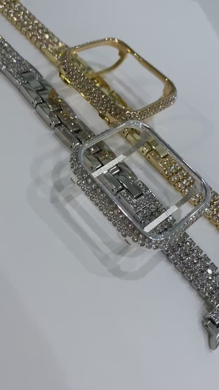 Series 7-8 Apple Watch Band 41mm 45mm Silver or Gold & or Swarovski Crystal Bezel Case Cover Smartwatch Bumper Bling