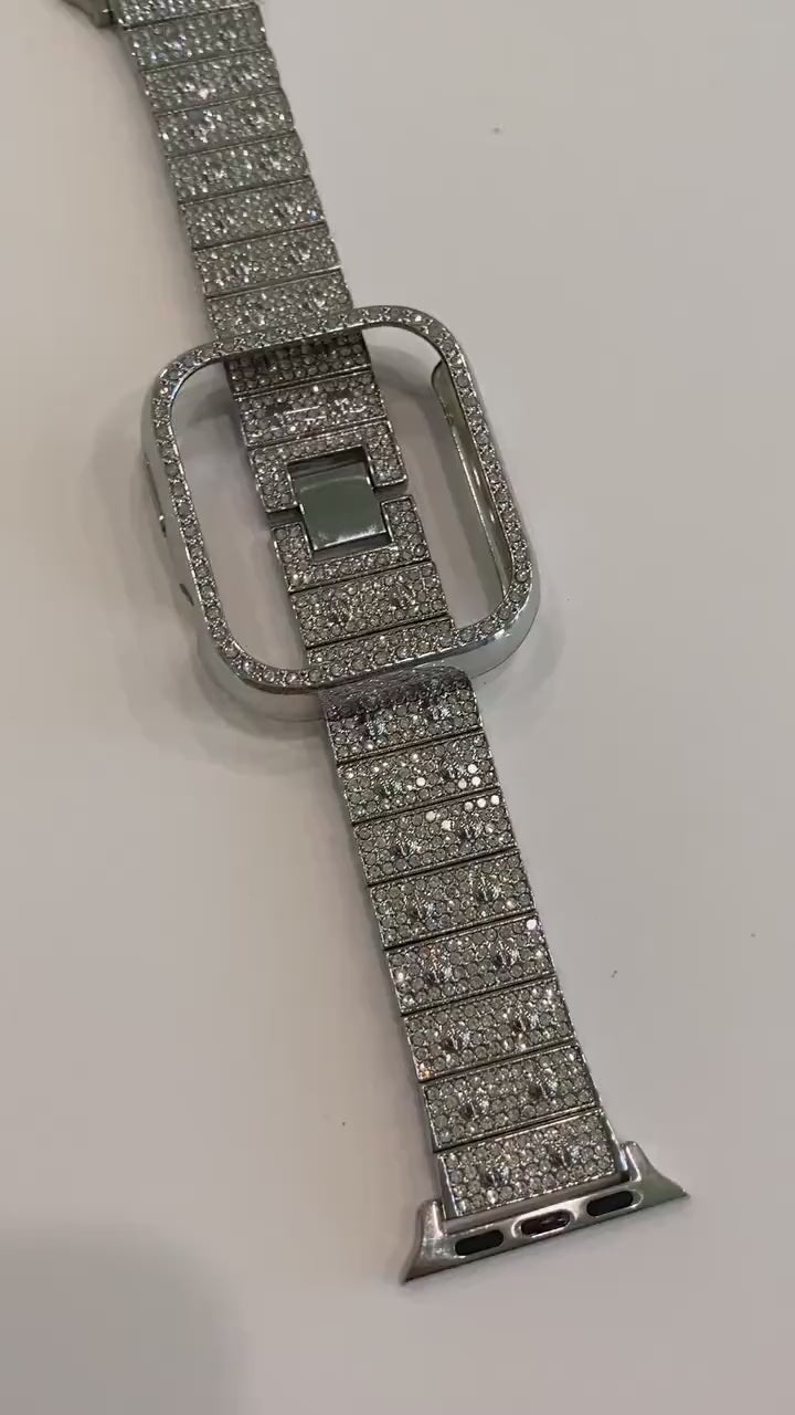 Apple Watch Band 41mm 45mm 49mm Ultra Silver Swarovski Crystals & or Apple Watch Case Cover Bling Series 7-8 Smartwatch Bling