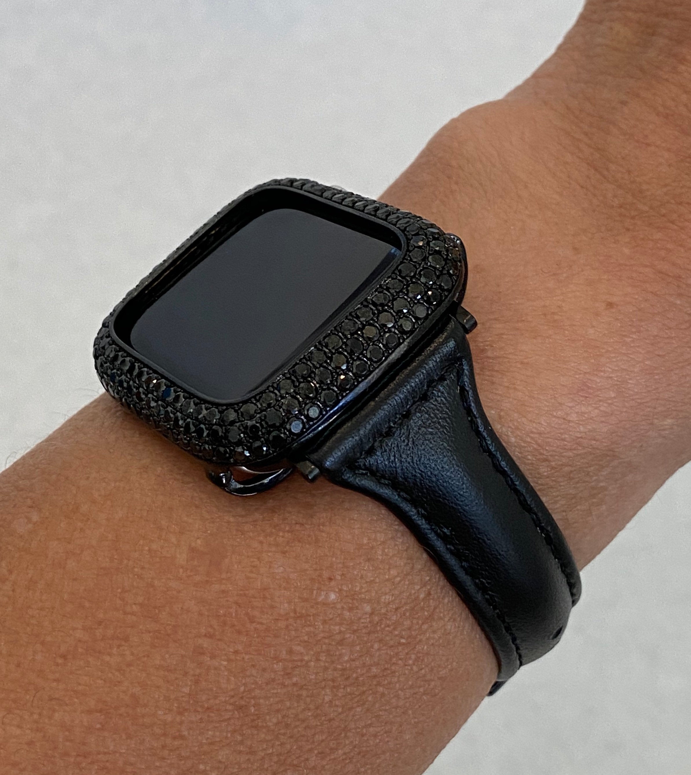 Black on Black Apple Watch Band Leather Slim Style and or Lab Diamond Bezel Cover Bling Series 6 blb1