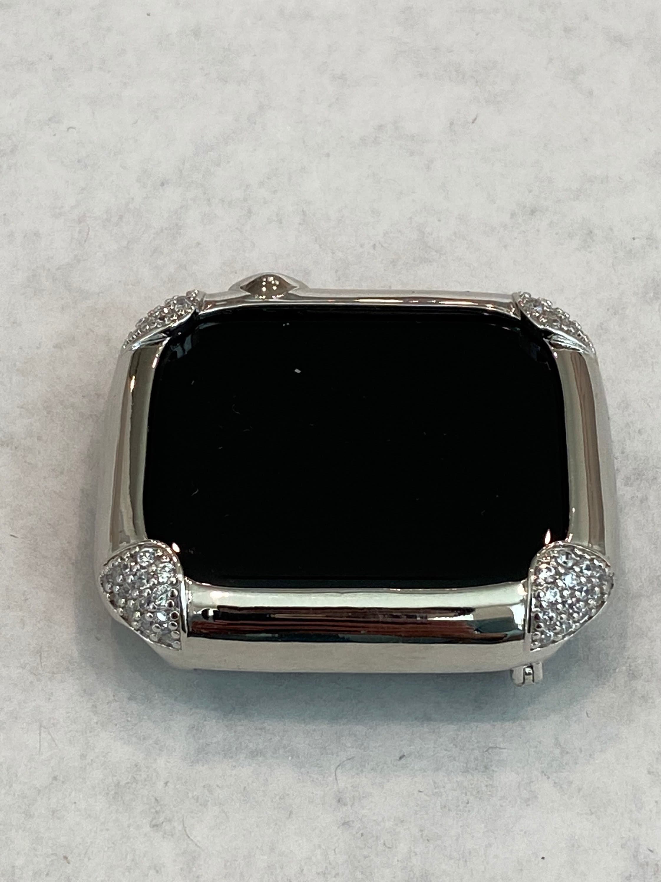 White Gold Apple Watch Bezel Cover 44mm Womens, Silver Lab Diamond Bumper Case, Gift for Her Custom Handmade Final Sale