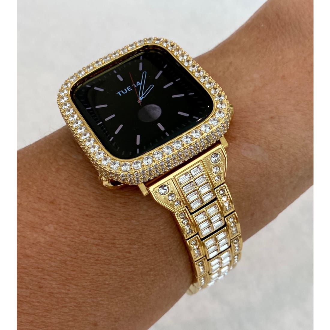 Series 1-8 Apple Watch Band 41mm 45mm Swarovski Crystals Baguettes & or Lab Diamond Bezel Bumper Cover 38mm-44mm Smartwatch Gold