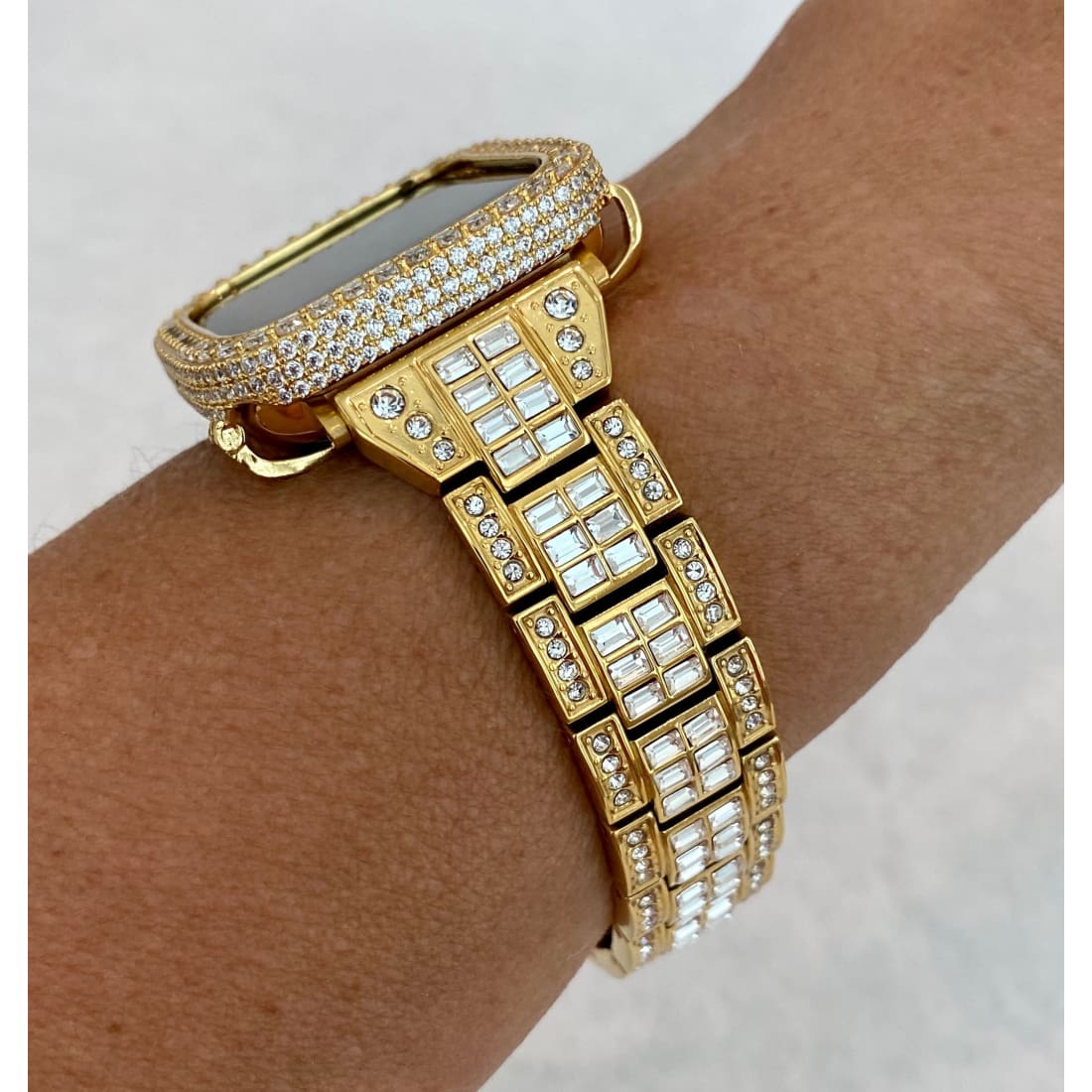 Series 1-8 Apple Watch Band 41mm 45mm Swarovski Crystals Baguettes & or Lab Diamond Bezel Bumper Cover 38mm-44mm Smartwatch Gold