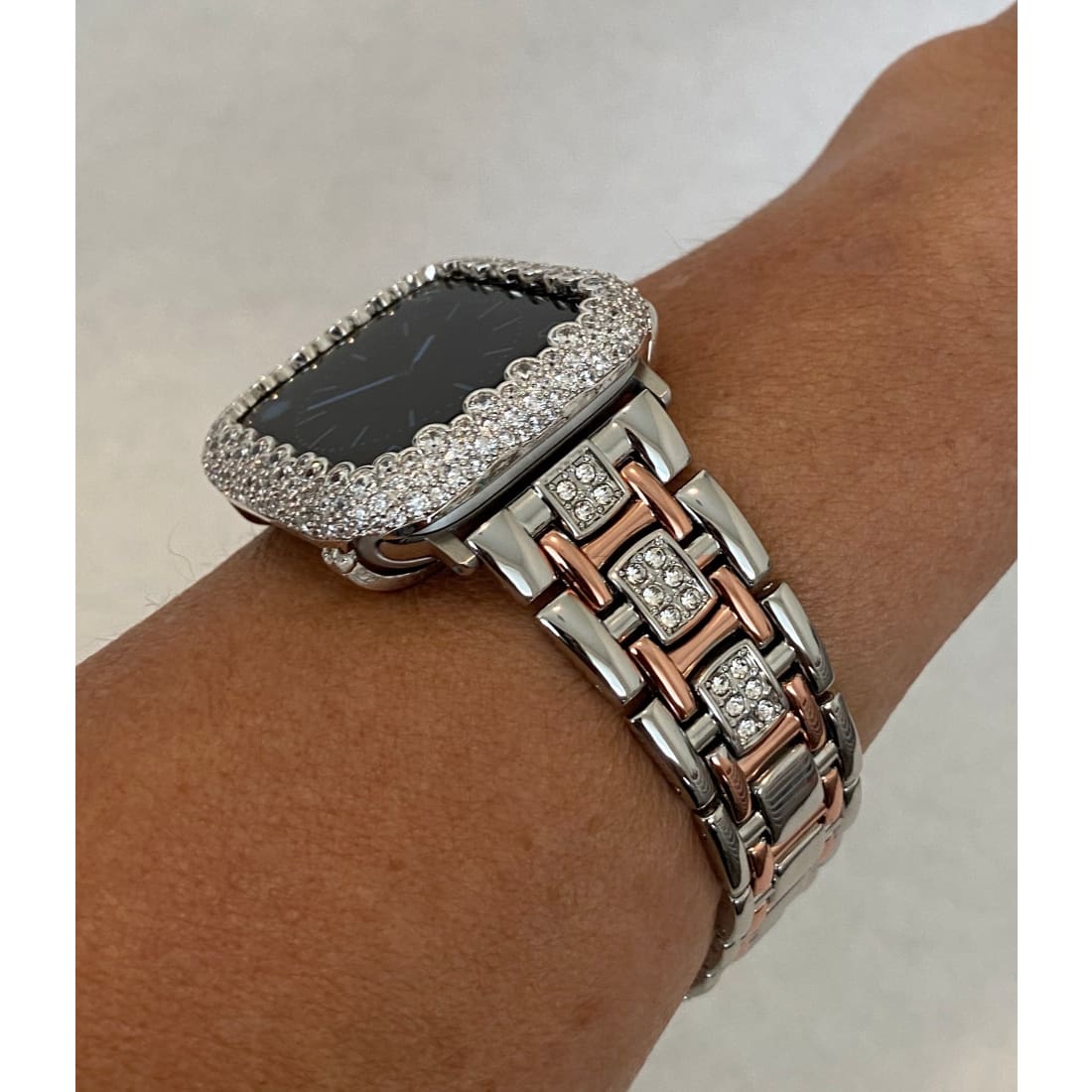 Series 1-8 Apple Watch Band Women Silver Rose Gold and or Lab Diamond Bezel Iwatch Bling 38mm-45mm