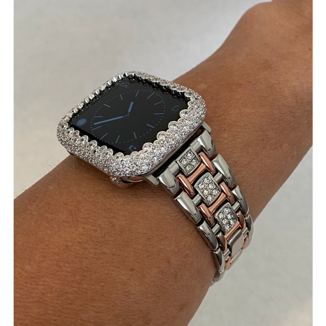 Series 1-8 Apple Watch Band Women Silver Rose Gold and or Lab Diamond Bezel Iwatch Bling 38mm-45mm