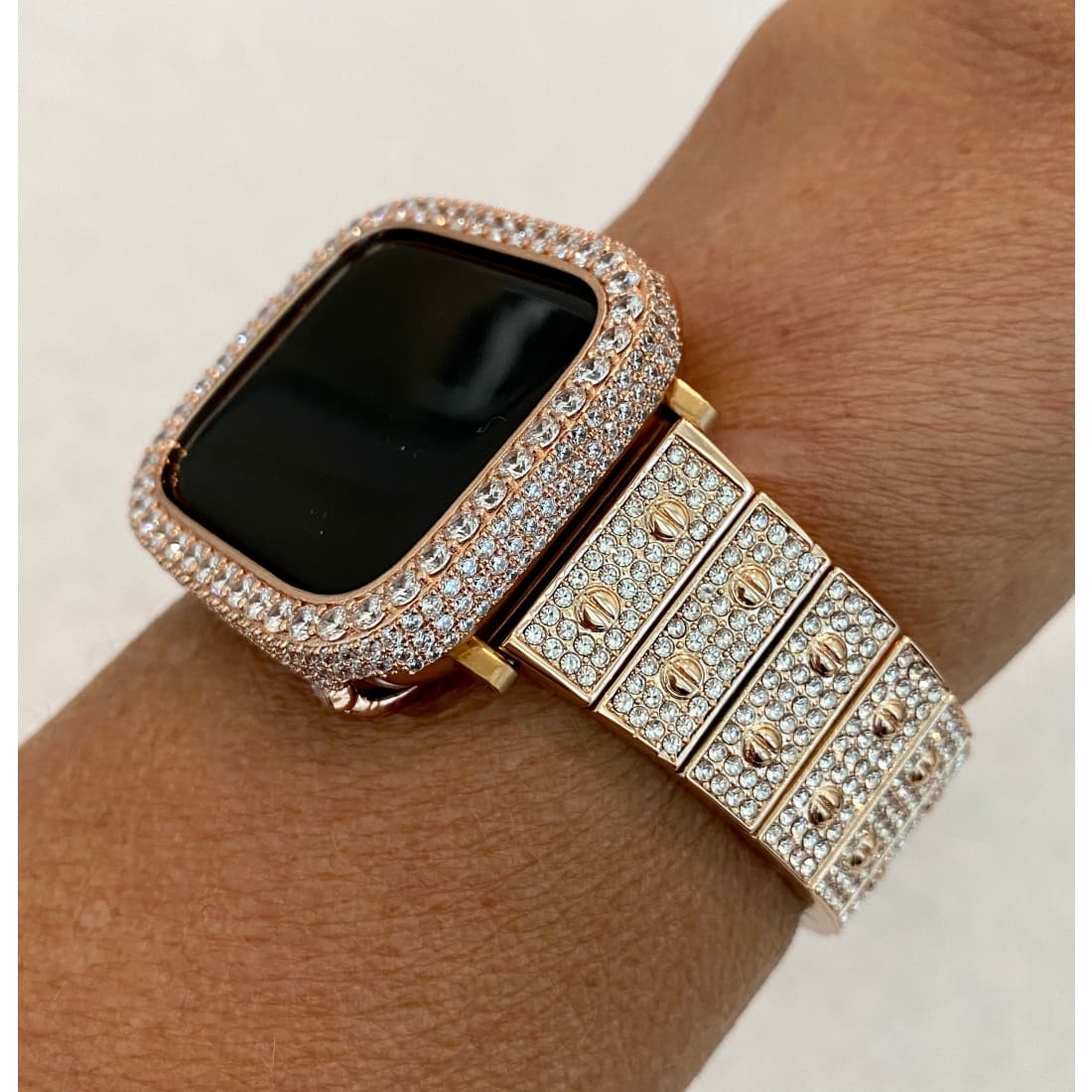 Series 1-8 Rose Gold Apple Watch Band Swarovski Crystal 41mm 45mm & or Lab Diamond Bezel Bumper Cover Bling 38mm-44mm