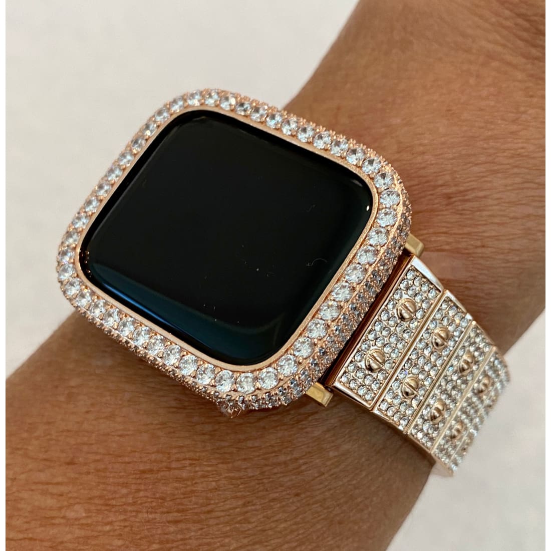 Series 1-8 Rose Gold Apple Watch Band Swarovski Crystal 41mm 45mm & or Lab Diamond Bezel Bumper Cover Bling 38mm-44mm