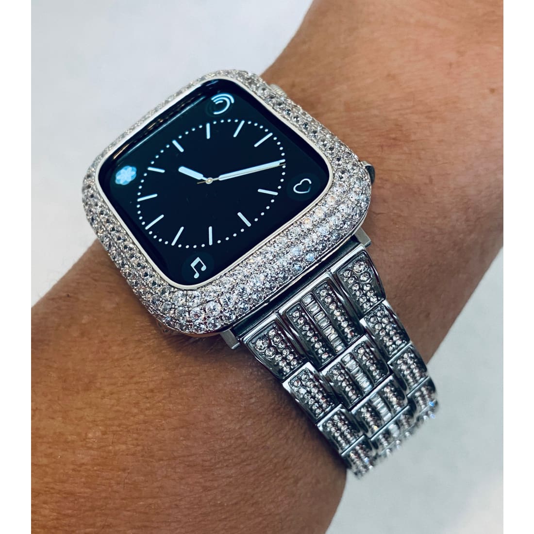 Series 7 White Gold Apple Watch Band 38 40 41 44 45mm Swarovski Crystals & or Silver Metal Lab Diamond Pave Bezel Cover Bumper