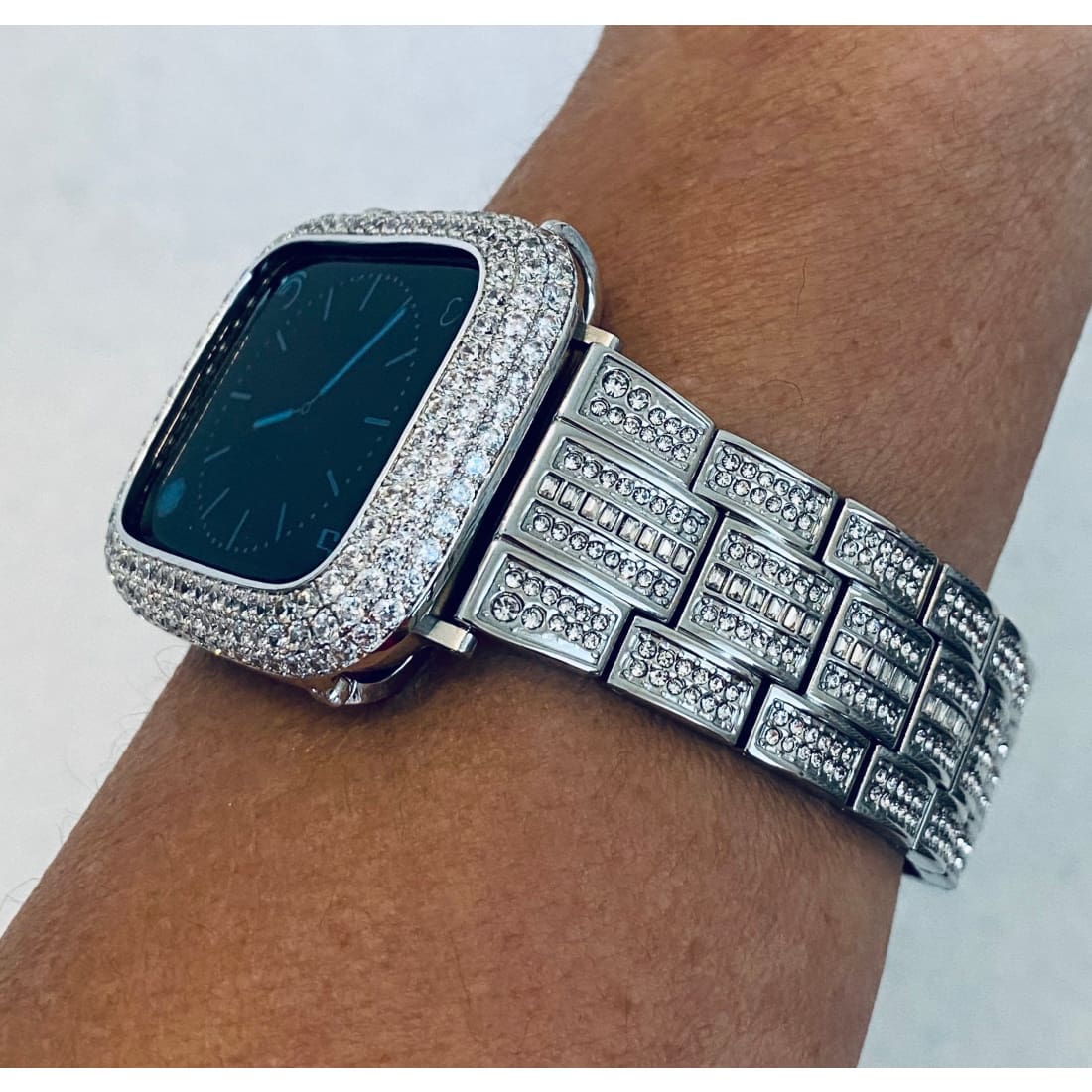 Series 7 White Gold Apple Watch Band 38 40 41 44 45mm Swarovski Crystals & or Silver Metal Lab Diamond Pave Bezel Cover Bumper