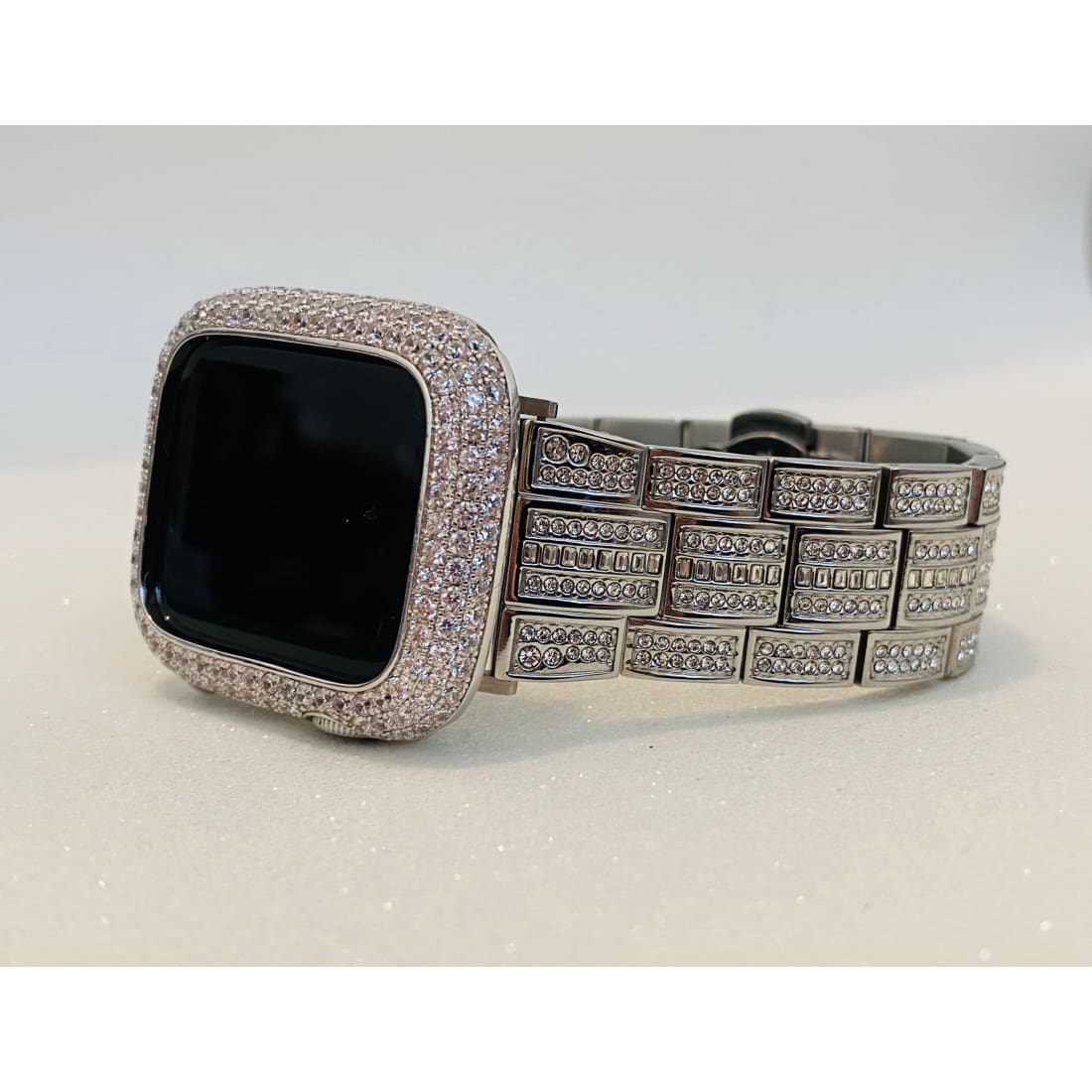 Series 7 White Gold Apple Watch Band 38 40 41 44 45mm Swarovski Crystals & or Silver Metal Lab Diamond Pave Bezel Cover Bumper