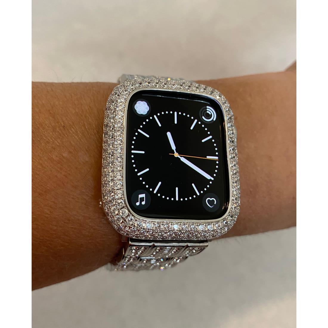 Series 7 White Gold Apple Watch Band 38 40 41 44 45mm Swarovski Crystals & or Silver Metal Lab Diamond Pave Bezel Cover Bumper