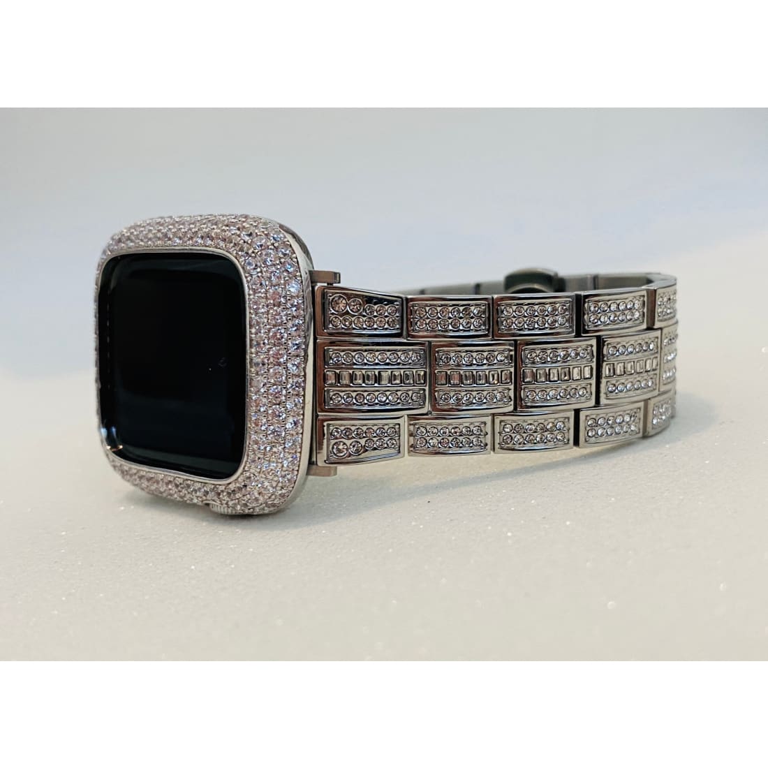 Series 7 White Gold Apple Watch Band 38 40 41 44 45mm Swarovski Crystals & or Silver Metal Lab Diamond Pave Bezel Cover Bumper