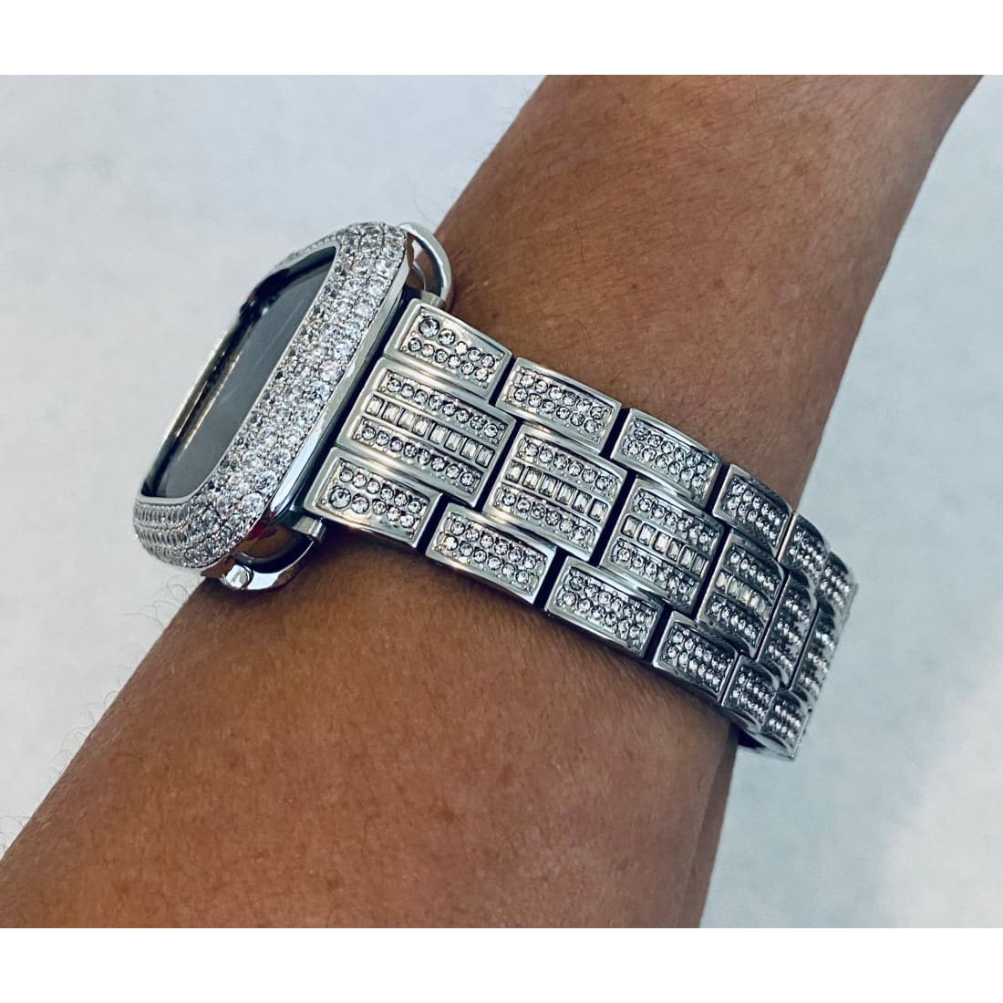 Series 7 White Gold Apple Watch Band 38 40 41 44 45mm Swarovski Crystals & or Silver Metal Lab Diamond Pave Bezel Cover Bumper