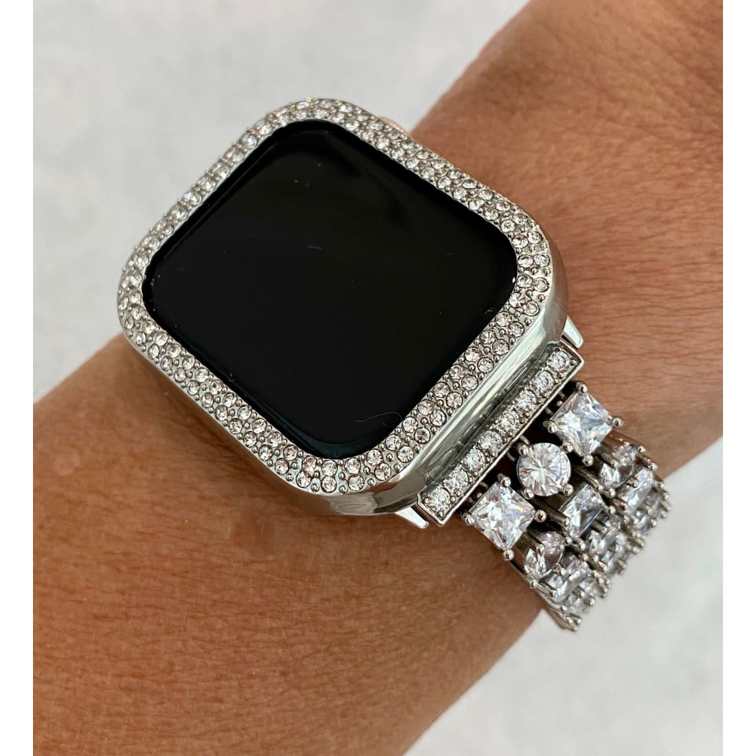 Series 7 White Gold Apple Watch Band 41mm 45mm Swarovski Crystals & or Silver Apple Watch Case Cover Bumper Bling