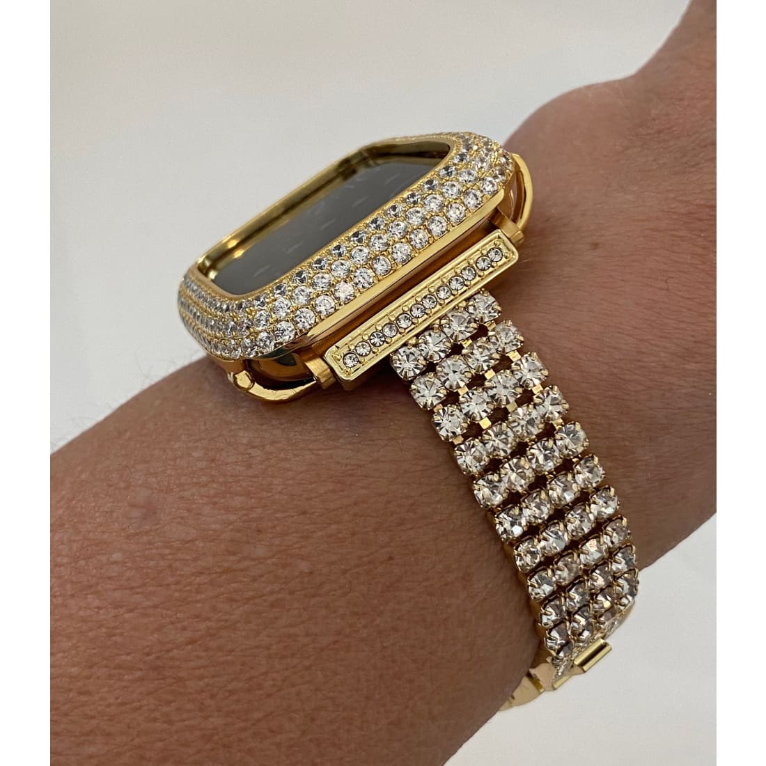 Series 8 Gold Apple Watch Band Women 38 40 41 42 44 45mm Crystal & or Pave Lab Diamond Bezel Cover Smartwatch Bling