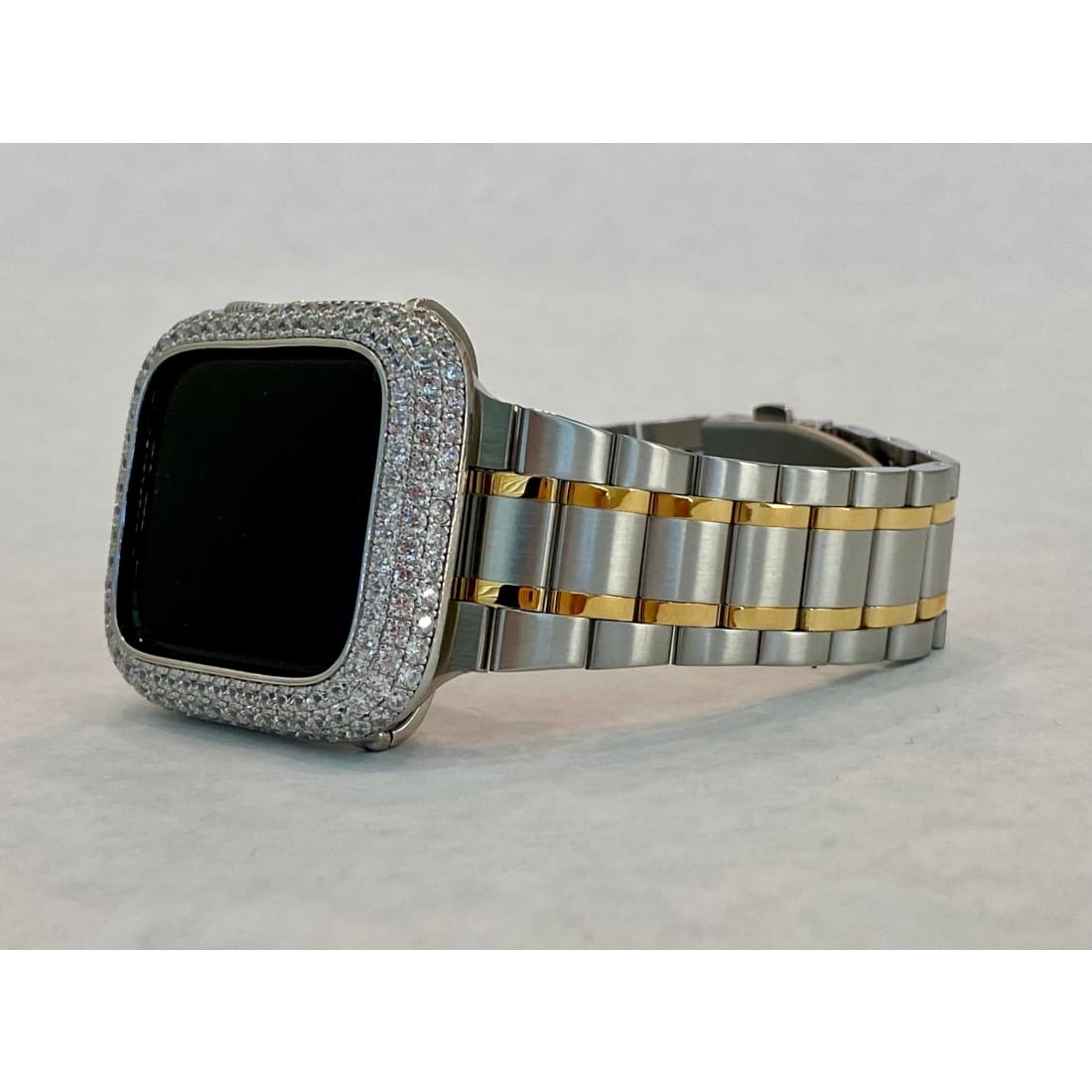 Two Tone Apple Watch Band 38mm 40mm 41mm 42mm 44mm 45mm Stainless Steel Ultra Thin & or Lab Diamond Bezel Cover Bling