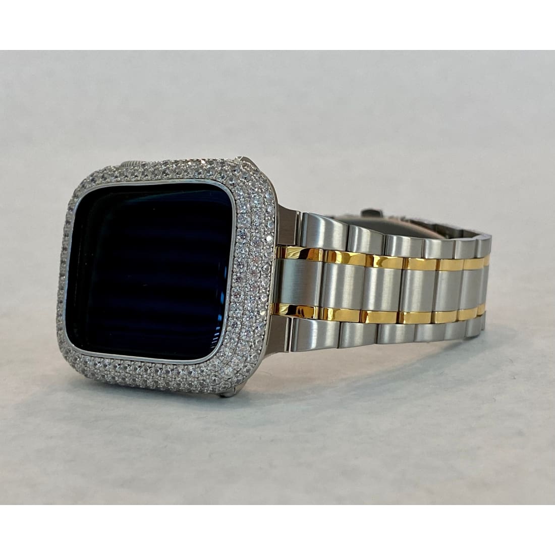 Two Tone Apple Watch Band 38mm 40mm 41mm 42mm 44mm 45mm Stainless Steel Ultra Thin & or Lab Diamond Bezel Cover Bling