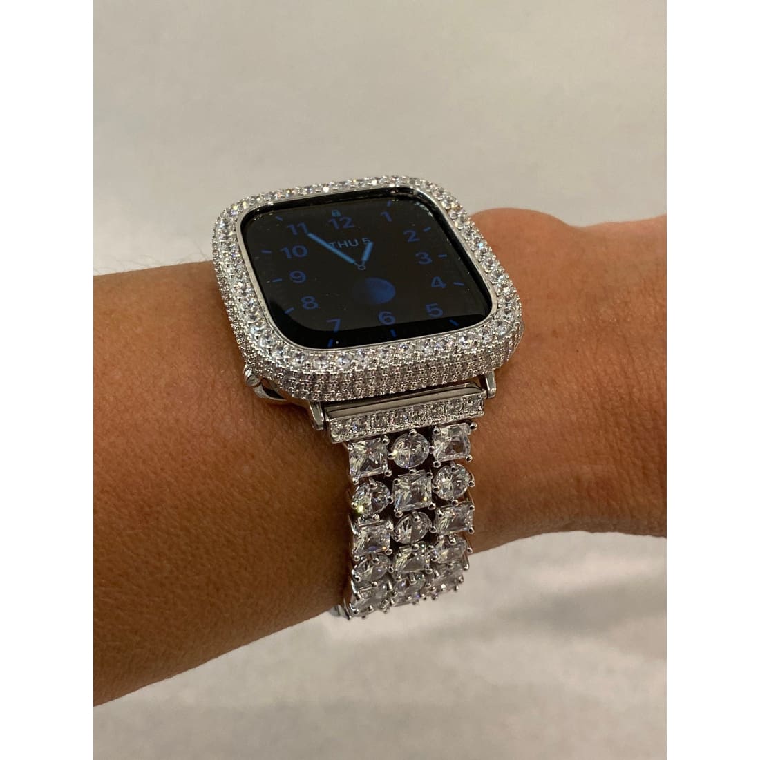 White Gold Apple Watch Band Silver Woman Princess Stones Apple Watch Bezel Cover Lab Diamonds 38mm 40mm 41mm 42mm 44mm 45mm