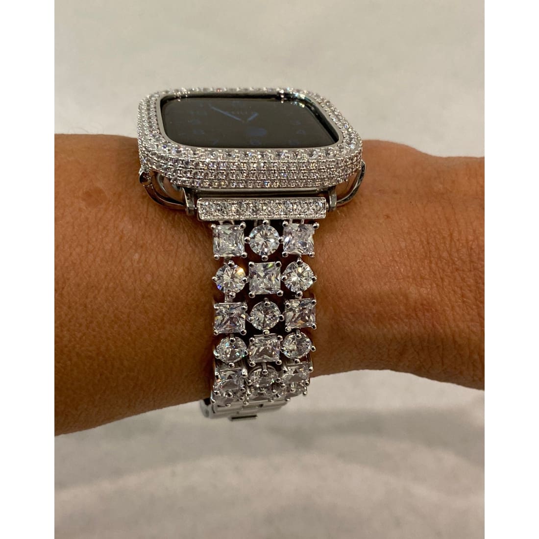 White Gold Apple Watch Band Silver Woman Princess Stones Apple Watch Bezel Cover Lab Diamonds 38mm 40mm 41mm 42mm 44mm 45mm